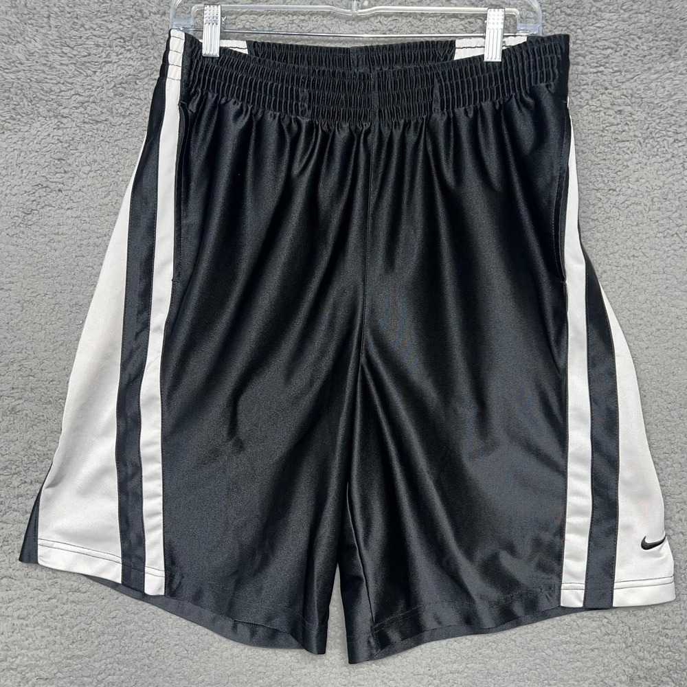 VTG Nike Silver Tag 90s Gym Shorts Men's Sz M Black Dri-Fit White Stripe Pockets